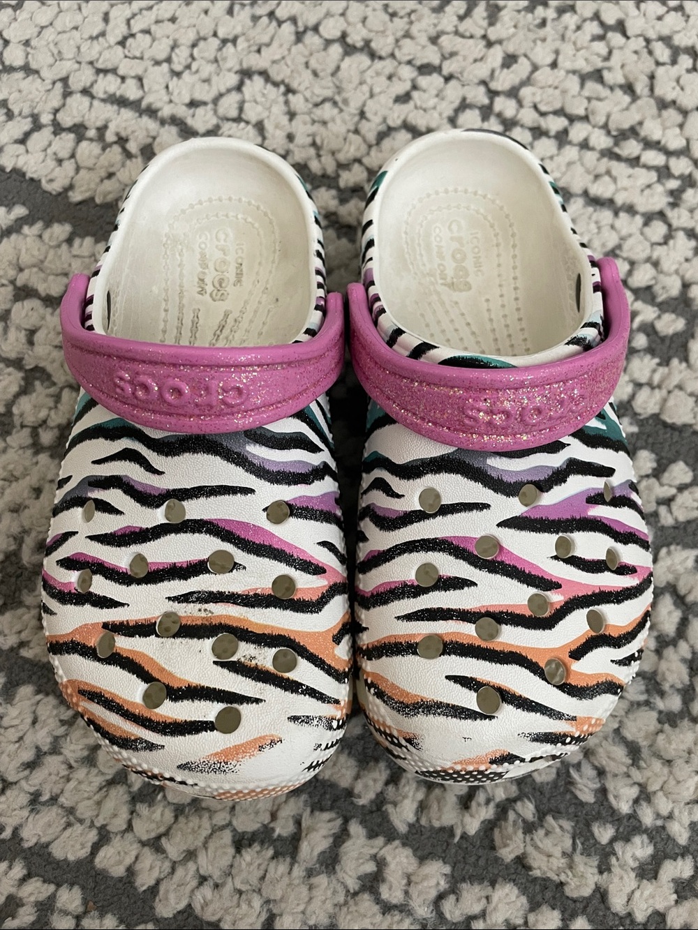 CROCS Kids Zebra-Print Clogs with Purple Glitter Strap